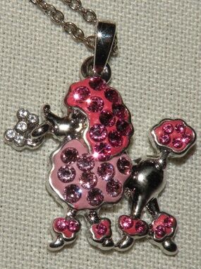 Delicate French Poodle w Bone Pink Rhinestone Silver Tone Small Pendant Necklace